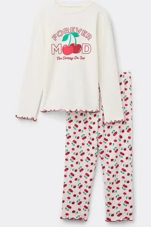 Tezenis Pijama Largo de Algodón Estampado Cerezas Niña Chica Tamaño 6-7