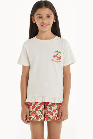 Tezenis Pijama Corto de Algodón de Manga Corta con Estampado de Cerezas para Niña Chica Tamaño 8-9
