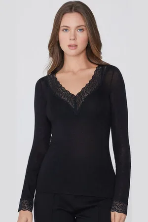Tezenis Camiseta Manga Larga Escote Pico Encaje/Lana Merina Mujer Tamaño L