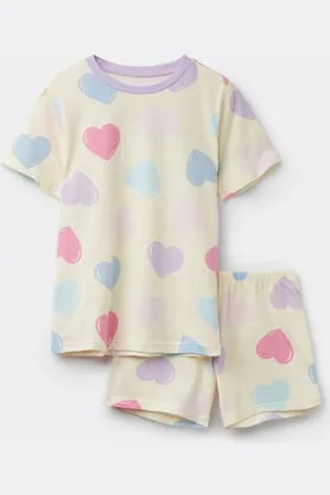 Tezenis Pijama Corto Media Manga Algodón Maxi Corazones Niña Chica Tamaño 2-3