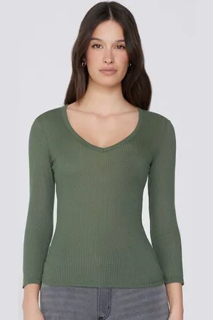 Tezenis Camiseta Manga Tres Cuartos Escote Pico Viscosa Canalé Mujer Tamaño M