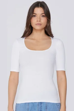 Tezenis Camiseta de Media Manga y Escote Cuadrado de Algodón Acanalado Mujer Tamaño M