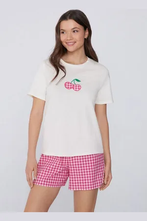 Tezenis Pijama corto de algodón con estampado de cerezas Vichy Mujer Tamaño L
