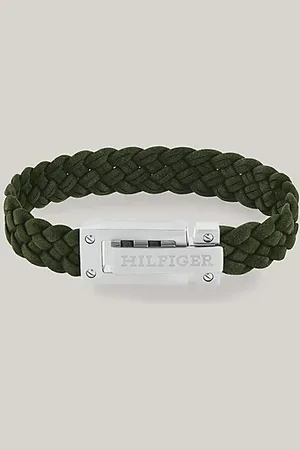 Tommy Hilfiger Pulsera trenzada verde con logo en relieve