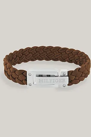 Tommy Hilfiger Pulsera trenzada marrón con logo en relieve