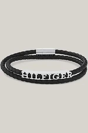Tommy Hilfiger Pulsera de piel trenzada negra