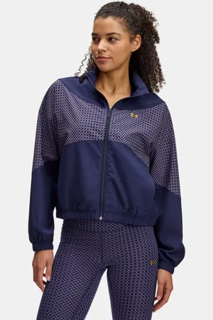 Under Armour Chaqueta Rival Stretch Woven Holiday para mujer Midnight Marino / Morado Prime / Metalico Oro L