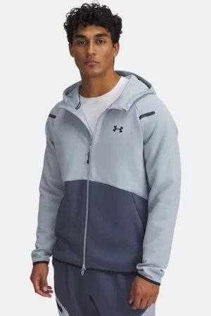 Under Armour Sudadera con capucha y cremallera completa Unstoppable Fleece para hombre Harbor / Downpour Gris / Negro 3XL