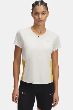 Under Armour Camiseta de manga corta con cremallera Trail Run para mujer Piedra / Noble Oro / Reflectante L