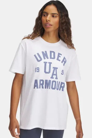 Under Armour Camiseta de manga corta Heavyweight Oversized Collegiate para mujer / Aurora Morado / L