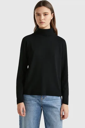 Benetton Jersey De Cuello Alto Negro En Mezcla De Lana Y Cachemir