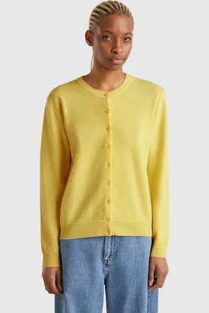 Benetton Cárdigan Amarillo De Cuello Redondo De Pura Lana Merina