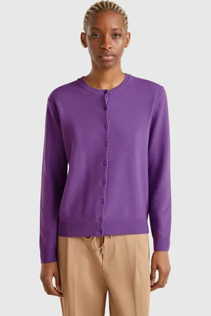 Benetton Cárdigan De Cuello Redondo Morado De Pura Lana Merina
