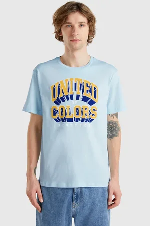 Benetton Camiseta Azul Claro De Algodón Con Logo Amarillo