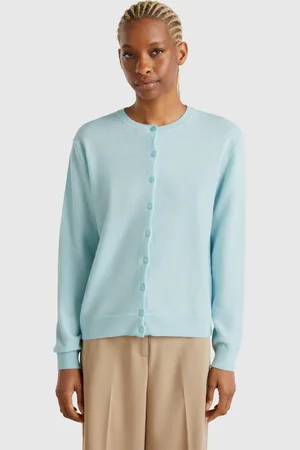 Benetton Cárdigan De Cuello Redondo Turquesa De Pura Lana Merina