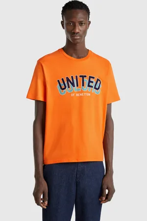 Benetton Camiseta Naranja De Algodón Con Logo Azul Oscuro