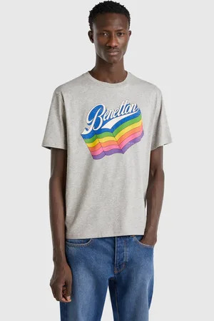 Benetton Camiseta Gris De Algodón Con Logo Multicolor