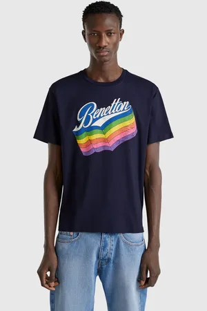 Benetton Camiseta Azul Oscuro De Algodón Con Logo Multicolor