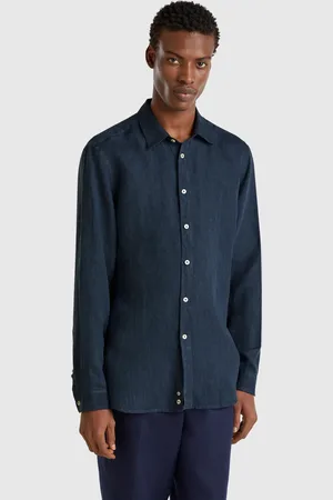Benetton Camisa Estampada Azul Medianoche En Puro Lino