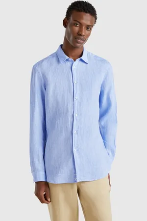 Benetton Camisa Estampada Azul Claro En Puro Lino