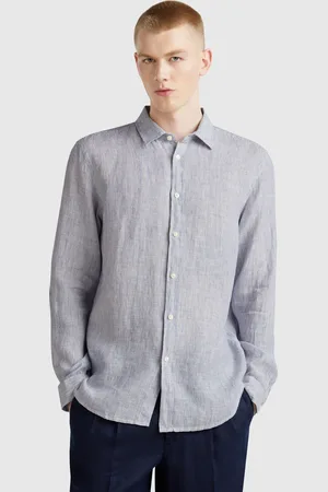Benetton Camisa Azul Estampada En Puro Lino