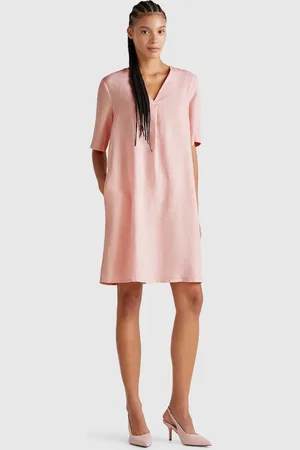 Benetton Vestido De Manga Corta En Puro Lino