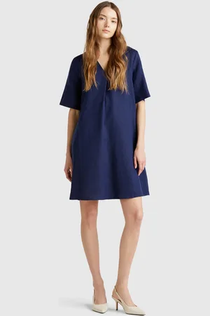 Benetton Vestido De Manga Corta En Puro Lino