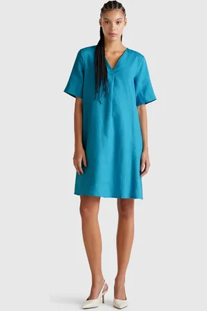 Benetton Vestido De Manga Corta En Puro Lino