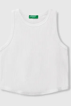 Benetton Top Sin Mangas En Canalé De Puro Algodón Suave. Escote Redondo Y Bajo Ligeramente Redondeado. Femenina Y Versátil