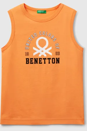 Benetton Camiseta Sin Mangas Con Cuello Redondo En Puro Algodón Orgánico. Estampado Frontal Con Gráficos De Logotipos. Ligeras Y Cómodas