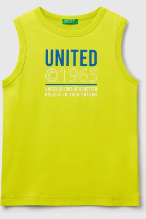 Benetton Camiseta Sin Mangas Con Cuello Redondo En Puro Algodón Orgánico. Estampado Frontal Con Gráficos De Logotipos. Ligeras Y Cómodas