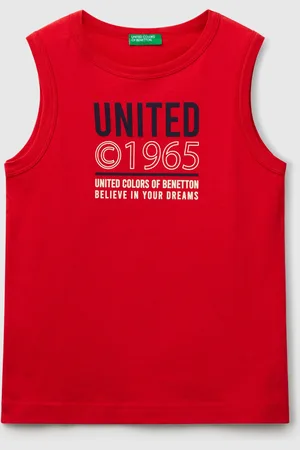Benetton Camiseta Sin Mangas Con Cuello Redondo En Puro Algodón Orgánico. Estampado Frontal Con Gráficos De Logotipos. Ligeras Y Cómodas