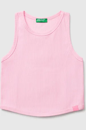 Benetton Top Sin Mangas En Canalé De Puro Algodón Suave. Escote Redondo Y Bajo Ligeramente Redondeado. Femenina Y Versátil