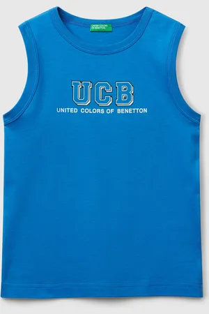 Benetton Camiseta Sin Mangas Con Cuello Redondo En Puro Algodón Orgánico. Estampado Frontal Con Gráficos De Logotipos. Ligeras Y Cómodas