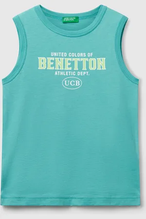 Benetton Camiseta Sin Mangas Con Cuello Redondo En Puro Algodón Orgánico. Estampado Frontal Con Gráficos De Logotipos. Ligeras Y Cómodas