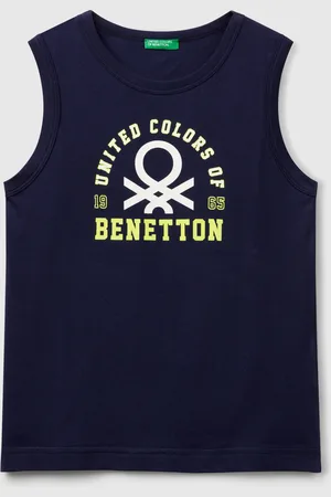 Benetton Camiseta Sin Mangas Con Cuello Redondo En Puro Algodón Orgánico. Estampado Frontal Con Gráficos De Logotipos. Ligeras Y Cómodas