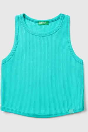 Benetton Top Sin Mangas En Canalé De Puro Algodón Suave. Escote Redondo Y Bajo Ligeramente Redondeado. Femenina Y Versátil