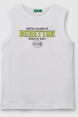 Benetton Camiseta Sin Mangas Con Cuello Redondo En Puro Algodón Orgánico. Estampado Frontal Con Gráficos De Logotipos. Ligeras Y Cómodas