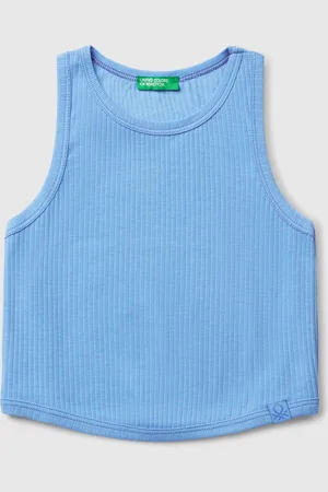 Benetton Top Sin Mangas En Canalé De Puro Algodón Suave. Escote Redondo Y Bajo Ligeramente Redondeado. Femenina Y Versátil