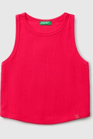 Benetton Top Sin Mangas En Canalé De Puro Algodón Suave. Escote Redondo Y Bajo Ligeramente Redondeado. Femenina Y Versátil