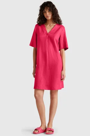 Benetton Vestido De Manga Corta En Puro Lino