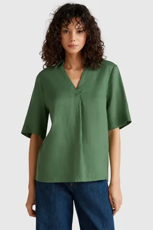 Benetton Blusa De Manga Corta En Puro Lino