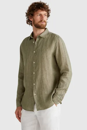 Benetton Camisa Verde Militar De Puro Lino