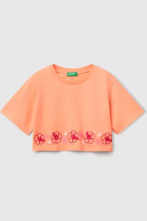 Benetton Camiseta Naranja Con Bordado De Flores
