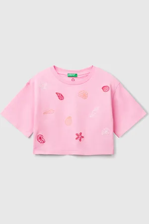 Benetton Camiseta Rosa Con Bordado De Conchas