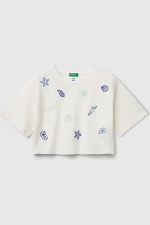 Benetton Camiseta Blanca Con Bordado De Conchas