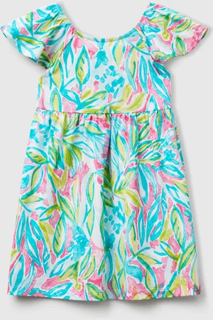 Benetton Vestido Verde Con Estampado Tropical.