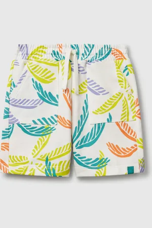 Benetton Pantalón Corto Blanco Con Estampado Tropical.