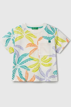 Benetton Camiseta Blanca Con Estampado Tropical