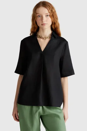 Benetton Blusa De Manga Corta En Puro Lino